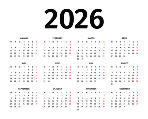 Annual calendar for 2026. Calendar template for 2026 in black and white colors. Annual 2026 calendar mockup on white background. The week starts on Monday. Vector