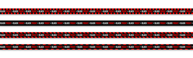 Set of Black Friday ribbons. Black Friday seamless tapes and ribbons with text and shadow. Seamless horizontal warning tapes and ribbons with text on transparent background. Vector