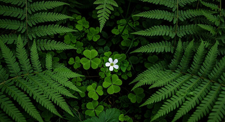Fern and Clover with White Flower - Nature Close-up