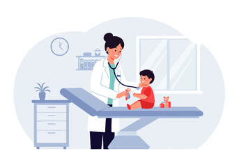 A female doctor in a white coat uses a stethoscope to examine a young child sitting on an examination table in a doctor's office.