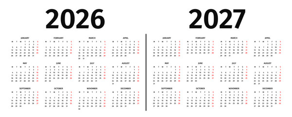 Annual calendar for 2026 and 2027. Calendar template for 2026 and 2027 in black and white colors. Annual calendar mockup on white background. The week starts on Monday. Vector