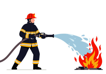 A firefighter wearing protective gear is spraying water from a hose to extinguish a fire.