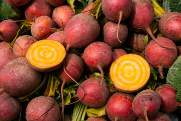 Organic colored golden beets at Torvehallerne market in Copenhagen, Denmark.
