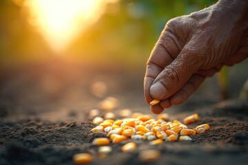 Close-up of an elderly hand sowing seeds in fertile soil at sunset, suggesting growth and agriculture