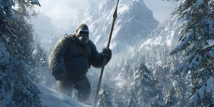 Snow-covered ape warrior holding spear in winter forest