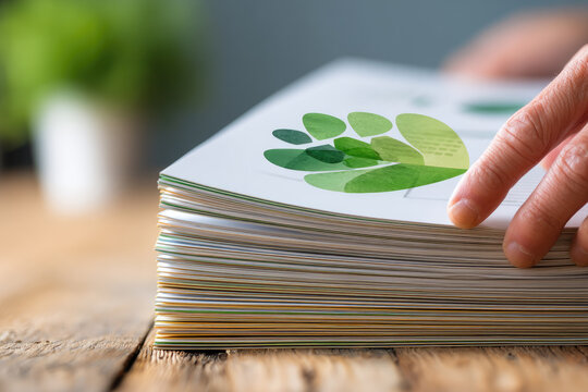 Japanese office worker analyzing eco friendly business report with green leaf chart, sustainability concept, close up hand, wooden desk, natural light, environmental responsibility