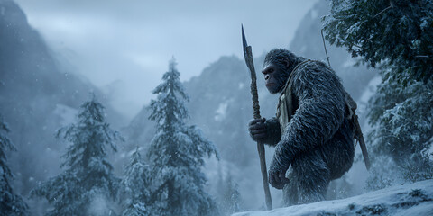 Yeti in snow-covered pine forest with spear
