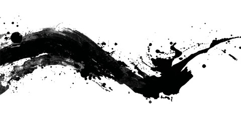Abstract black ink splatter and drops forming an organic shape isolated on white background