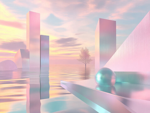 Surreal 3D landscape featuring ive geometric shapes, water surface, and solitary tree under colorful sky. scene evokes sense of wonder and ity