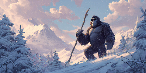Gorilla warrior in snowy mountains holding spear

