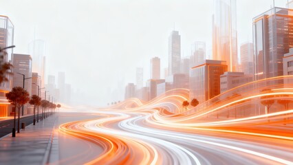 Fototapeta premium Cityscape with Car Light Trails on Orange to Gray Gradient, Symbolizing Technology Speed and Innovation