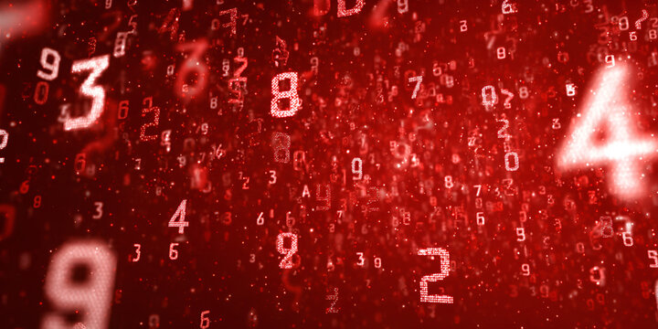 Floating red digital numbers with glowing effect on dark background

