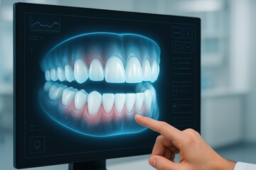 Digital Dental Display: A hand interacts with a digital model of a set of teeth, highlighting innovation and precision in modern dental technology. 