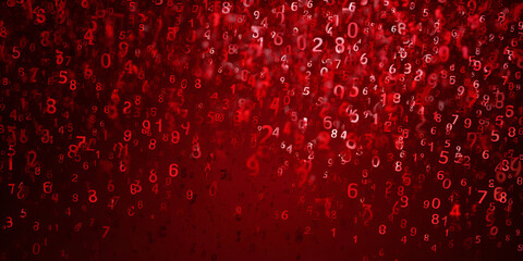 Red digital numbers background with binary data code falling vertically
