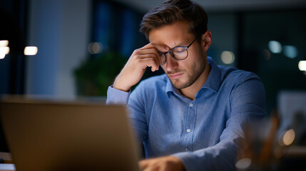 Anxious male financial advisor rubbing tired eyes while working late on laptop analyzing complex reports at cluttered desk | work stress financial analysis job fatigue