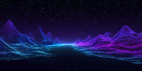 Glowing neon grid landscape with digital wireframe mountains and starry sky