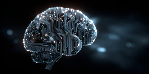 AI brain with glowing circuitry and data flow on dark futuristic background
