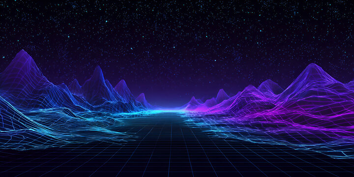 Glowing neon grid landscape with digital wireframe mountains and starry sky
