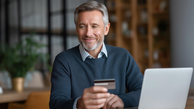 Portrait of smiling middle aged man holding credit card using mobile phone and laptop on dining table at comfortable home office | online shopping home finance digital payment - Powered by Adobe