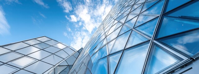 Geometric surface of a modern glass building with reflective patterns, sleek minimalistic architecture style
