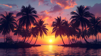 Obraz premium A tropical paradise scene with palm trees silhouetted against a vibrant sunset sky over calm water