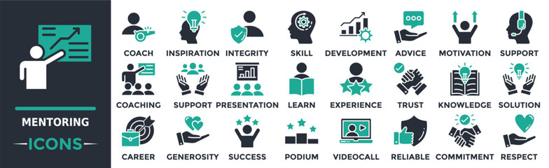 Mentoring icon collection set. Containing coach, inspiration, integrity, skill, development, advice, motivation and more. Solid vector icons collection
