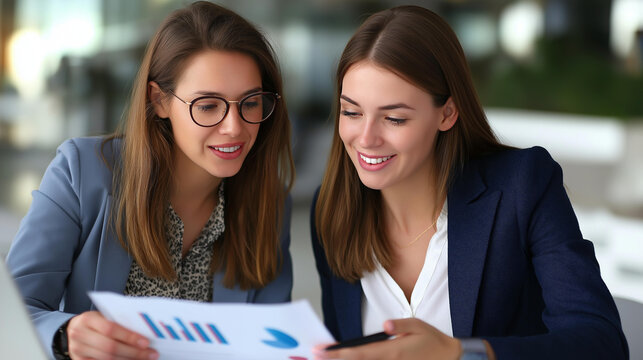 Skilled female accountant wearing stylish eyeglasses thoroughly discussing detailed financial report with business partner in sleek modern office | financial analysis accounting