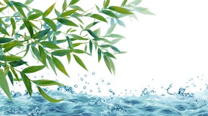 Vibrant green bamboo leaves cascade over dynamic ocean waves, creating a serene and refreshing natural scene perfect for wellness and spa themes.