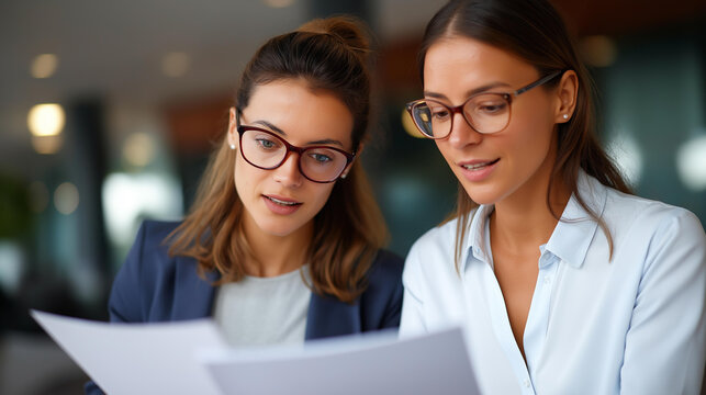 Skilled female accountant wearing stylish eyeglasses thoroughly discussing detailed financial report with business partner in sleek modern office | financial analysis accounting - Powered by Adobe
