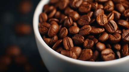 Slow bar coffee, A close-up view of roasted coffee beans in a white bowl, showcasing their rich texture and color.