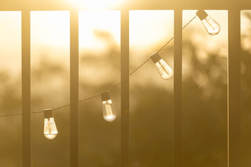 Nature travel background image, golden light hits the light bulbs hanging on the fence in the evening.