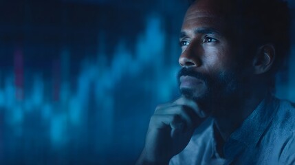 A thoughtful man gazes at digital financial charts on a screen in a dark tech focused environment