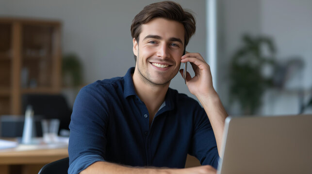 Portrait of young smiling cheerful businessman entrepreneur in casual office attire making phone call while working with laptop computer | casual business phone call laptop work