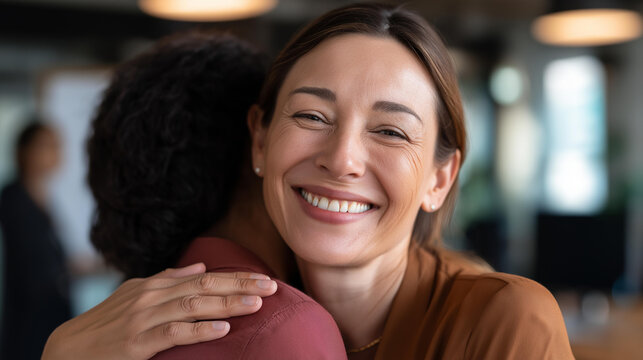 Joyful female business professional warmly embracing coworker with open arms during morning greeting in bright modern office space | workplace positivity women in business team