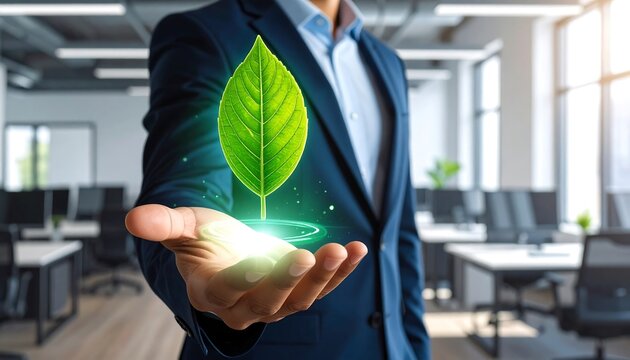 The businessman presents a hologram of a glowing green leaf above his hand.