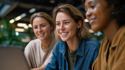 Fototapeta premium Smiling businesswoman enthusiastically discussing innovative ideas with female colleague working on laptop in open collaborative office space | creative collaboration team