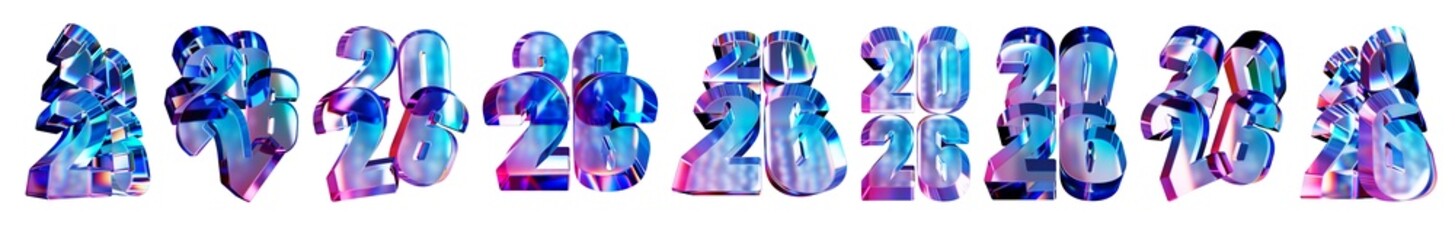 Set of 3d transparent glossy 2026 logotype with dispersion effect. Rainbow colors reflection glass. 3d glass 2026 year crystal dispersion effect. Abstract empty glassy square with prism holographic