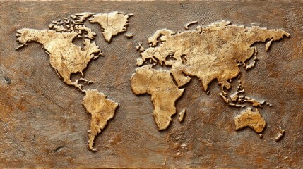 Golden world map embossed on a close up textured surface of aged copper, warm light reflection, detailed engraving