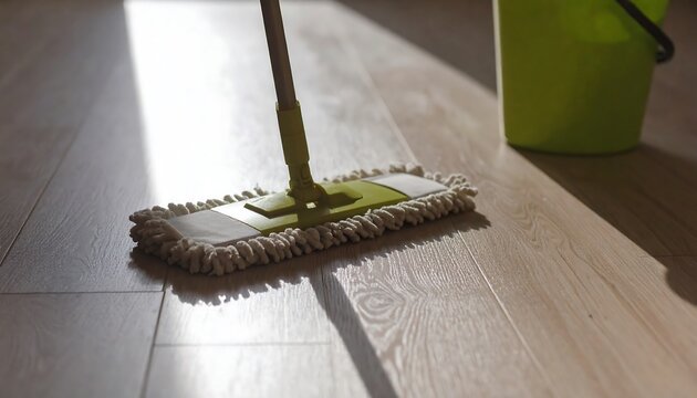 Mopping the wooden floor in a sunny room with a green bucket nearby in the afternoon.
