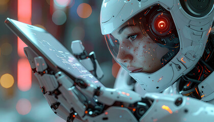 Cybernetic Inquiry: A futuristic android, its face etched with intense focus, navigates a tablet interface amidst a neon-lit cityscape, hinting at the intersection of humanity and technology.