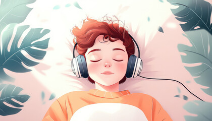 teenager with curly hair is lying down with headphones, enjoying music. is enhanced by green leaves surrounding them, creating peaceful vibe
