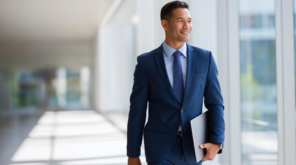 Full length of happy male leader with laptop looking confidently away and walking purposefully by white wall in office corridor | business leader office corridor laptop carrying