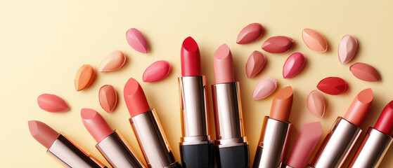 Vibrant lipsticks in various shades arranged on pastel background, beautiful array of colors. Perfect for makeup enthusiasts and beauty lovers