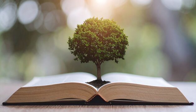 A tree grows from an open book in a quiet environment - Powered by Adobe