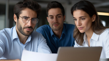 Fototapeta premium Focused professionals intensely discussing project details and carefully reviewing documents with laptop on desk in collaborative office environment | project discussion document