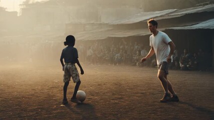 A coach trains a young boy in soccer skills as hazy sunset casts a warm glow over the field - Powered by Adobe