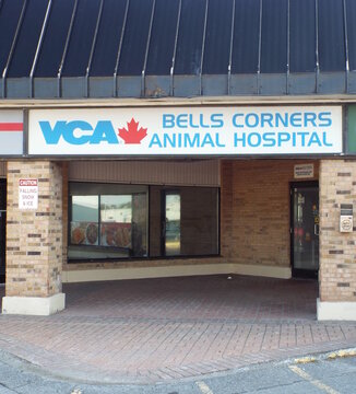 Nepean, ON, Canada, June 20, 2025: A frontal exterior photograph of the "VCA Bells Corners Animal Hospital", at  2194 Robertson Rd Unit 27B.
