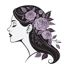Elegant Woman Silhouette with Floral Hair – Vector Illustration