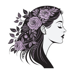 Elegant Woman Silhouette with Floral Hair – Vector Illustration