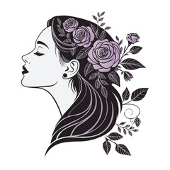 Elegant Woman Silhouette with Floral Hair – Vector Illustration